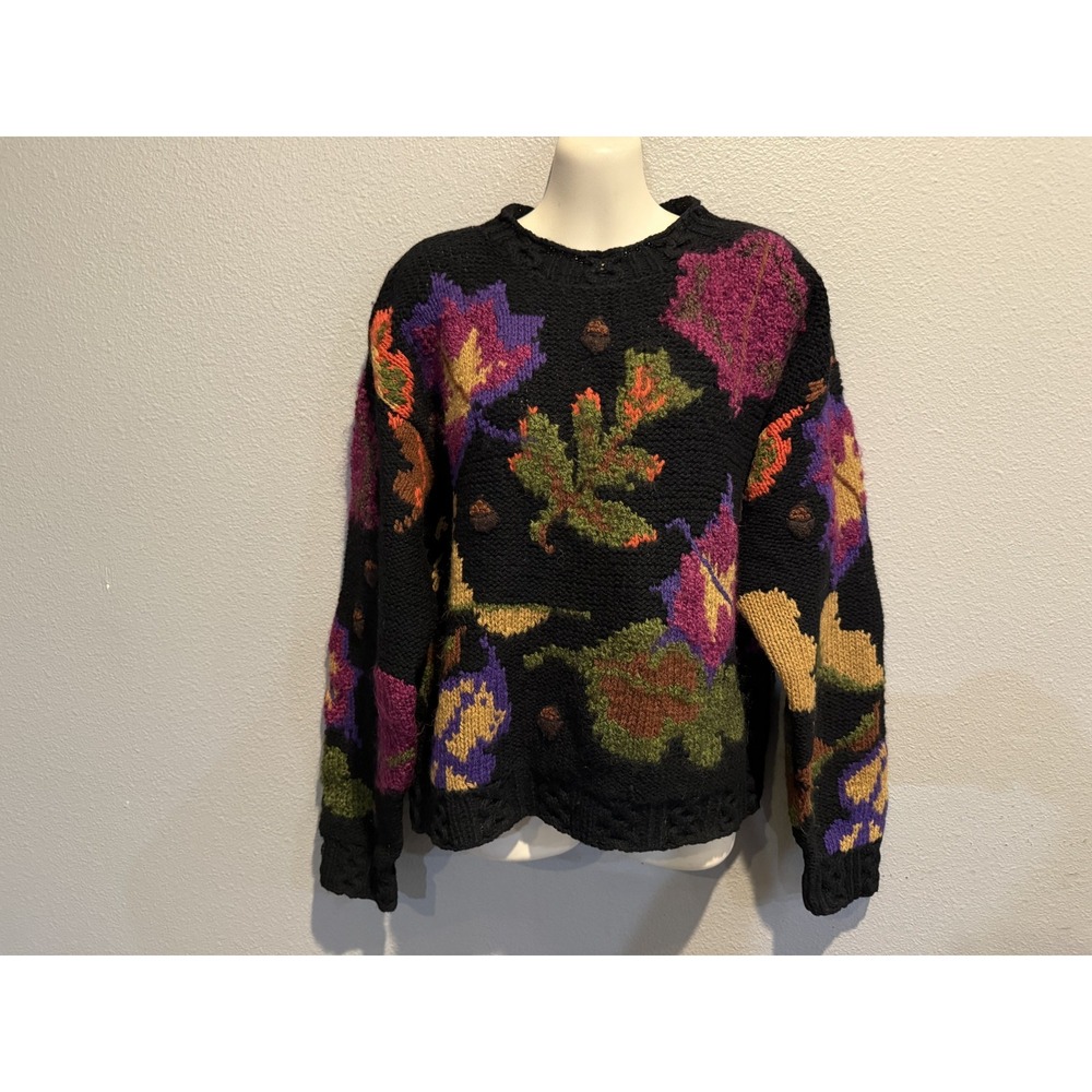 Women's Vtg The WOOLRICH Woman Black/Multi Leaves & Acorns Wool Mohair Sweater M